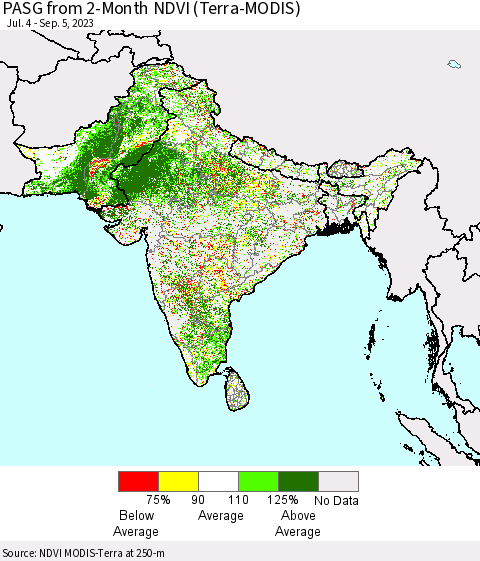 Southern Asia PASG from 2-Month NDVI (Terra-MODIS) Thematic Map For 8/29/2023 - 9/5/2023