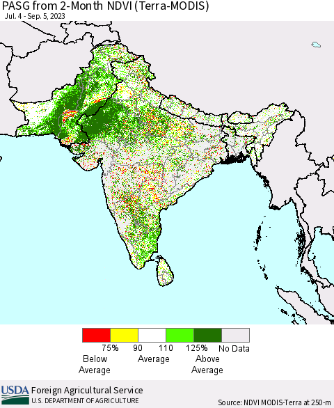 Southern Asia PASG from 2-Month NDVI (Terra-MODIS) Thematic Map For 9/1/2023 - 9/10/2023