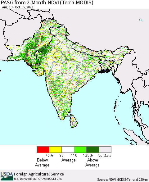 Southern Asia PASG from 2-Month NDVI (Terra-MODIS) Thematic Map For 10/11/2023 - 10/20/2023