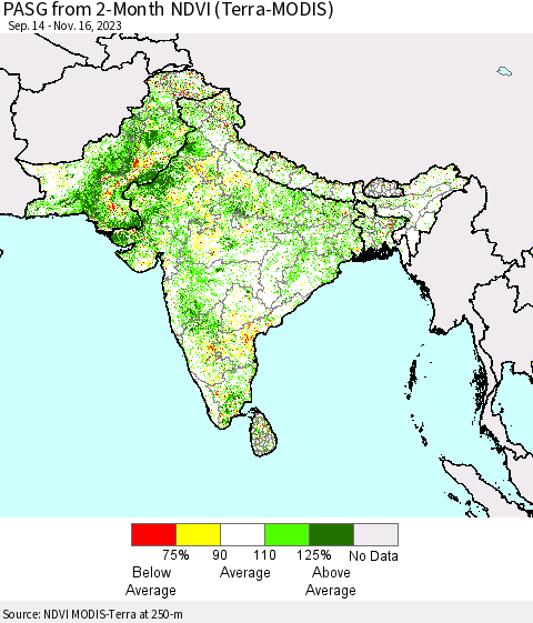 Southern Asia PASG from 2-Month NDVI (Terra-MODIS) Thematic Map For 11/9/2023 - 11/16/2023