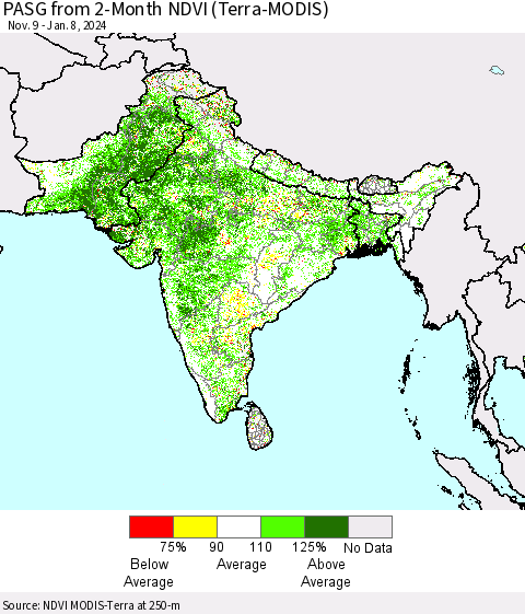 Southern Asia PASG from 2-Month NDVI (Terra-MODIS) Thematic Map For 1/1/2024 - 1/8/2024