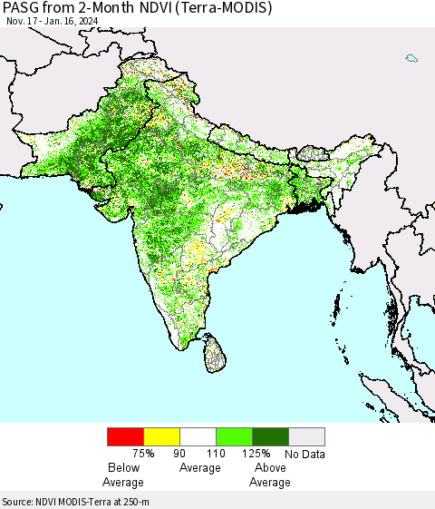 Southern Asia PASG from 2-Month NDVI (Terra-MODIS) Thematic Map For 1/9/2024 - 1/16/2024