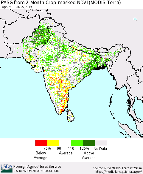 Southern Asia PASG from 2-Month Crop-masked NDVI (MODIS-Terra) Thematic Map For 6/21/2019 - 6/30/2019