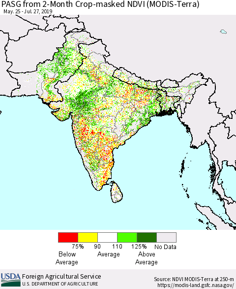 Southern Asia PASG from 2-Month Crop-masked NDVI (MODIS-Terra) Thematic Map For 7/21/2019 - 7/31/2019