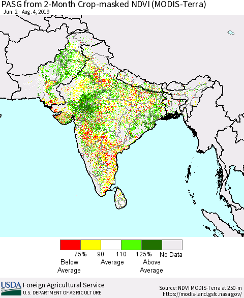 Southern Asia PASG from 2-Month Cropland NDVI (Terra-MODIS) Thematic Map For 8/1/2019 - 8/10/2019