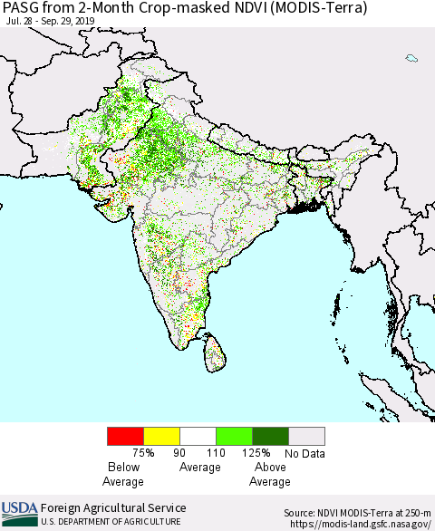 Southern Asia PASG from 2-Month Crop-masked NDVI (MODIS-Terra) Thematic Map For 9/21/2019 - 9/30/2019