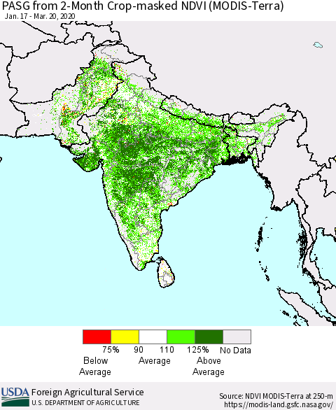 Southern Asia PASG from 2-Month Crop-masked NDVI (MODIS-Terra) Thematic Map For 3/11/2020 - 3/20/2020