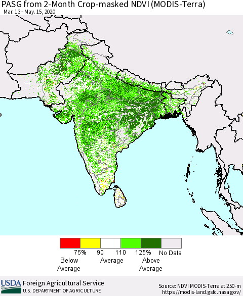 Southern Asia PASG from 2-Month Cropland NDVI (Terra-MODIS) Thematic Map For 5/11/2020 - 5/20/2020