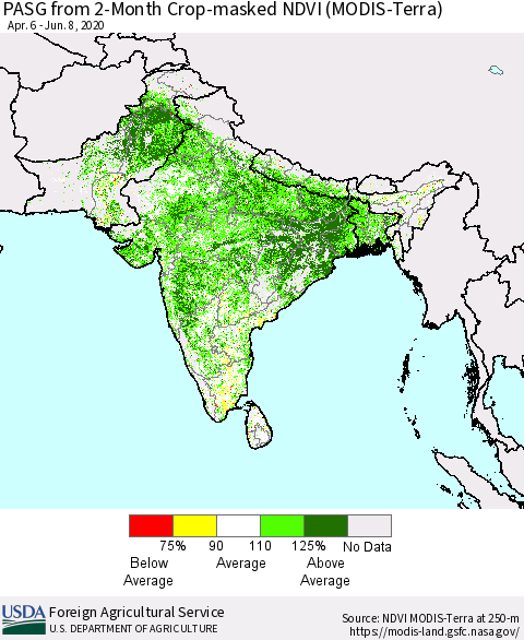 Southern Asia PASG from 2-Month Cropland NDVI (Terra-MODIS) Thematic Map For 6/1/2020 - 6/10/2020