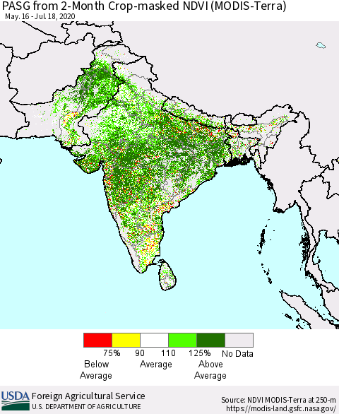 Southern Asia PASG from 2-Month Cropland NDVI (Terra-MODIS) Thematic Map For 7/11/2020 - 7/20/2020