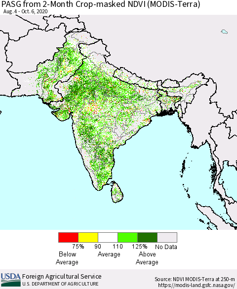 Southern Asia PASG from 2-Month Cropland NDVI (Terra-MODIS) Thematic Map For 10/1/2020 - 10/10/2020