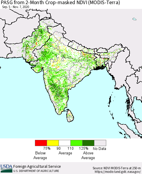Southern Asia PASG from 2-Month Crop-masked NDVI (MODIS-Terra) Thematic Map For 11/1/2020 - 11/10/2020