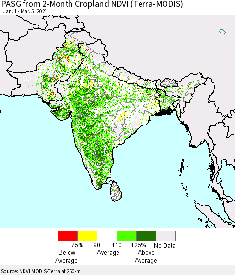 Southern Asia PASG from 2-Month Cropland NDVI (Terra-MODIS) Thematic Map For 2/26/2021 - 3/5/2021