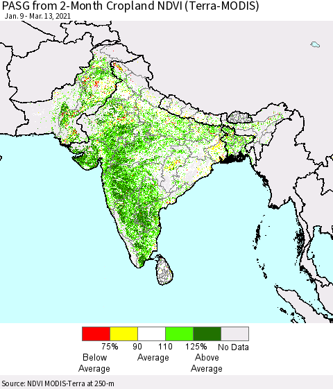 Southern Asia PASG from 2-Month Cropland NDVI (Terra-MODIS) Thematic Map For 3/6/2021 - 3/13/2021