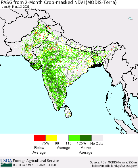 Southern Asia PASG from 2-Month Crop-masked NDVI (MODIS-Terra) Thematic Map For 3/11/2021 - 3/20/2021