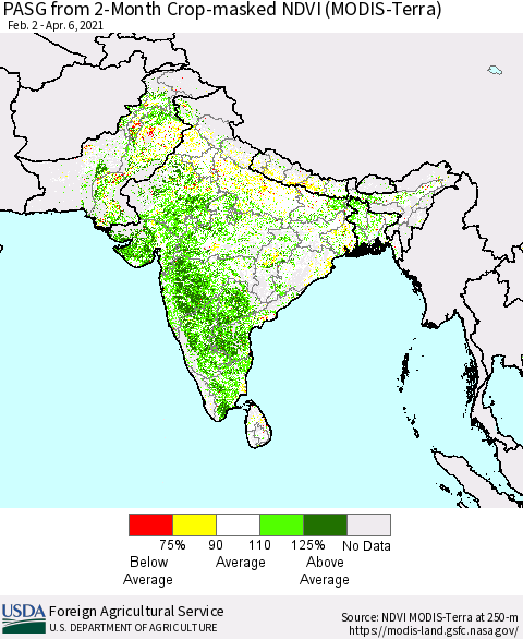 Southern Asia PASG from 2-Month Crop-masked NDVI (MODIS-Terra) Thematic Map For 4/1/2021 - 4/10/2021