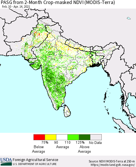 Southern Asia PASG from 2-Month Cropland NDVI (Terra-MODIS) Thematic Map For 4/11/2021 - 4/20/2021