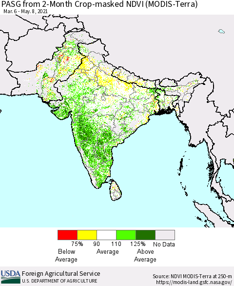Southern Asia PASG from 2-Month Cropland NDVI (Terra-MODIS) Thematic Map For 5/1/2021 - 5/10/2021