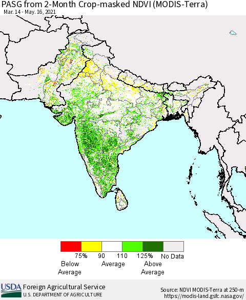 Southern Asia PASG from 2-Month Cropland NDVI (Terra-MODIS) Thematic Map For 5/11/2021 - 5/20/2021