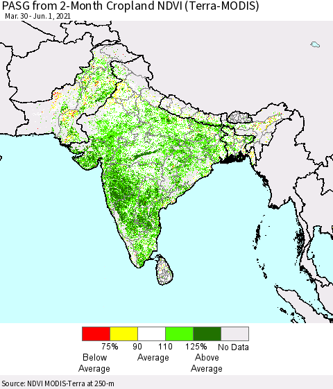 Southern Asia PASG from 2-Month Cropland NDVI (Terra-MODIS) Thematic Map For 5/25/2021 - 6/1/2021