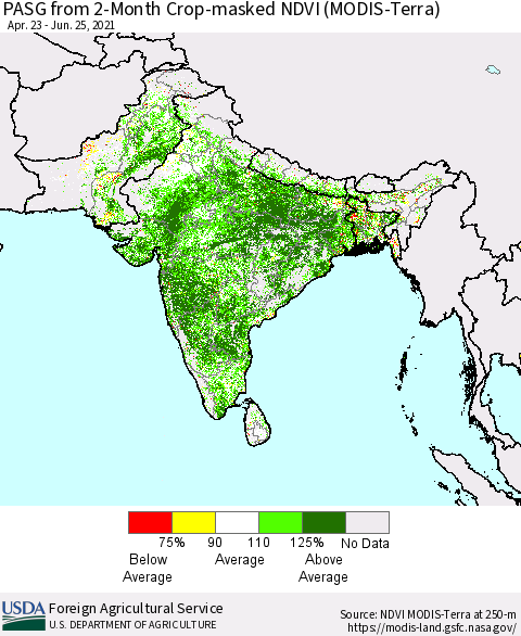 Southern Asia PASG from 2-Month Cropland NDVI (Terra-MODIS) Thematic Map For 6/21/2021 - 6/30/2021