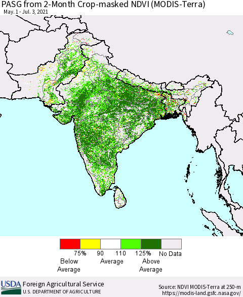 Southern Asia PASG from 2-Month Cropland NDVI (Terra-MODIS) Thematic Map For 7/1/2021 - 7/10/2021