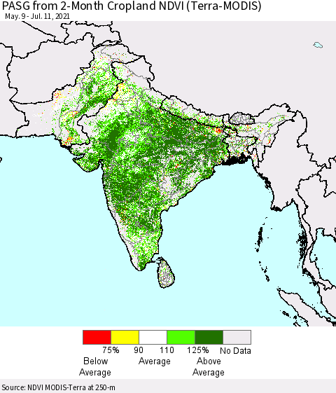 Southern Asia PASG from 2-Month Cropland NDVI (Terra-MODIS) Thematic Map For 7/4/2021 - 7/11/2021