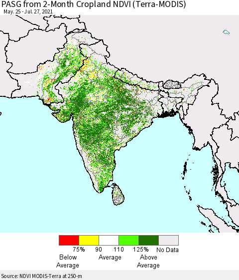 Southern Asia PASG from 2-Month Cropland NDVI (Terra-MODIS) Thematic Map For 7/20/2021 - 7/27/2021