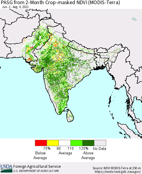 Southern Asia PASG from 2-Month Cropland NDVI (Terra-MODIS) Thematic Map For 8/1/2021 - 8/10/2021