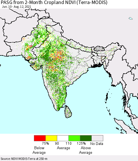 Southern Asia PASG from 2-Month Cropland NDVI (Terra-MODIS) Thematic Map For 8/5/2021 - 8/12/2021
