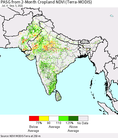 Southern Asia PASG from 2-Month Cropland NDVI (Terra-MODIS) Thematic Map For 8/29/2021 - 9/5/2021