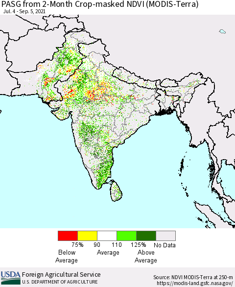 Southern Asia PASG from 2-Month Cropland NDVI (Terra-MODIS) Thematic Map For 9/1/2021 - 9/10/2021