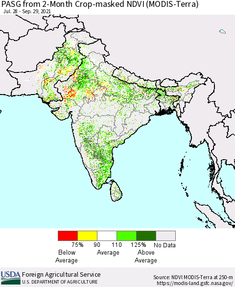 Southern Asia PASG from 2-Month Cropland NDVI (Terra-MODIS) Thematic Map For 9/21/2021 - 9/30/2021
