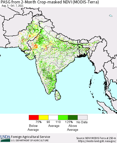 Southern Asia PASG from 2-Month Cropland NDVI (Terra-MODIS) Thematic Map For 10/1/2021 - 10/10/2021