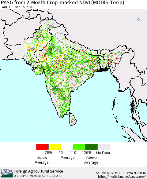 Southern Asia PASG from 2-Month Cropland NDVI (Terra-MODIS) Thematic Map For 10/11/2021 - 10/20/2021