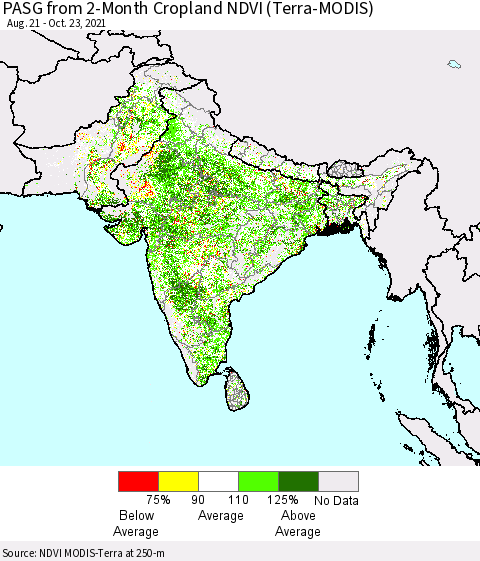 Southern Asia PASG from 2-Month Cropland NDVI (Terra-MODIS) Thematic Map For 10/16/2021 - 10/23/2021