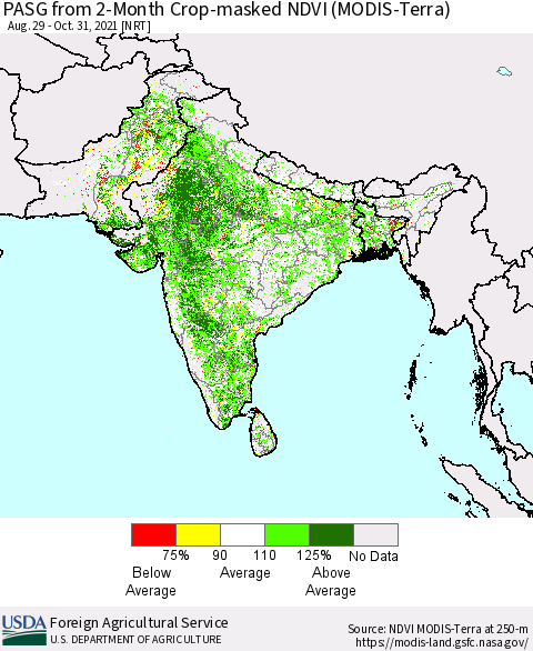 Southern Asia PASG from 2-Month Crop-masked NDVI (MODIS-Terra) Thematic Map For 10/21/2021 - 10/31/2021