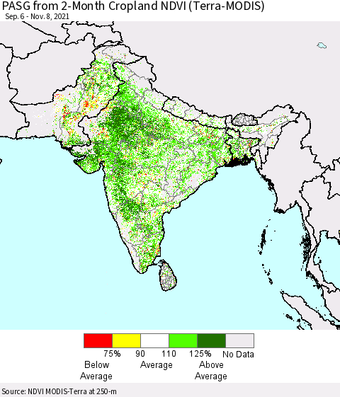 Southern Asia PASG from 2-Month Cropland NDVI (Terra-MODIS) Thematic Map For 11/1/2021 - 11/8/2021