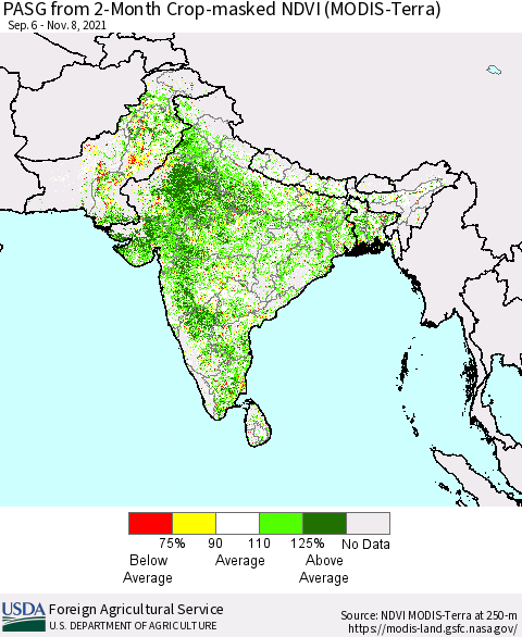 Southern Asia PASG from 2-Month Cropland NDVI (Terra-MODIS) Thematic Map For 11/1/2021 - 11/10/2021