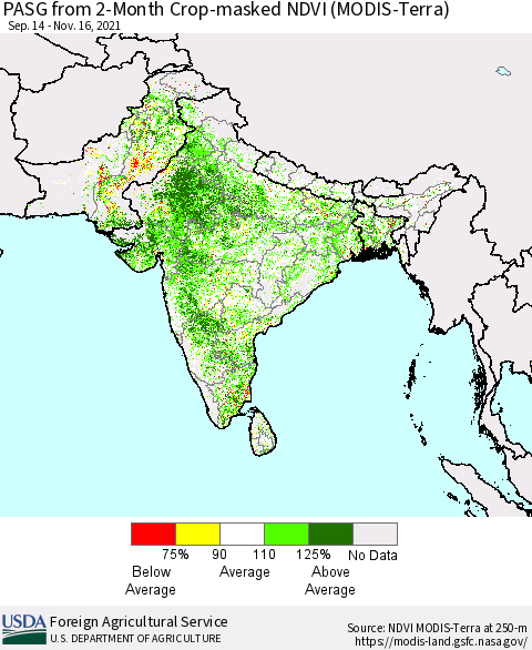 Southern Asia PASG from 2-Month Cropland NDVI (Terra-MODIS) Thematic Map For 11/11/2021 - 11/20/2021
