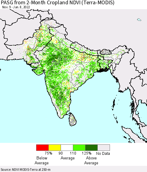 Southern Asia PASG from 2-Month Cropland NDVI (Terra-MODIS) Thematic Map For 1/1/2022 - 1/8/2022