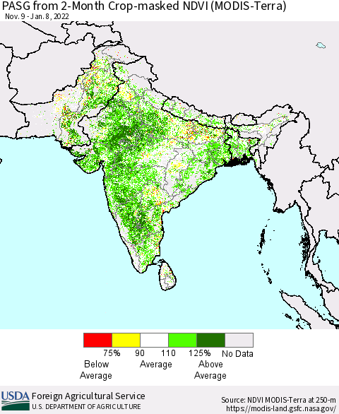 Southern Asia PASG from 2-Month Crop-masked NDVI (MODIS-Terra) Thematic Map For 1/1/2022 - 1/10/2022
