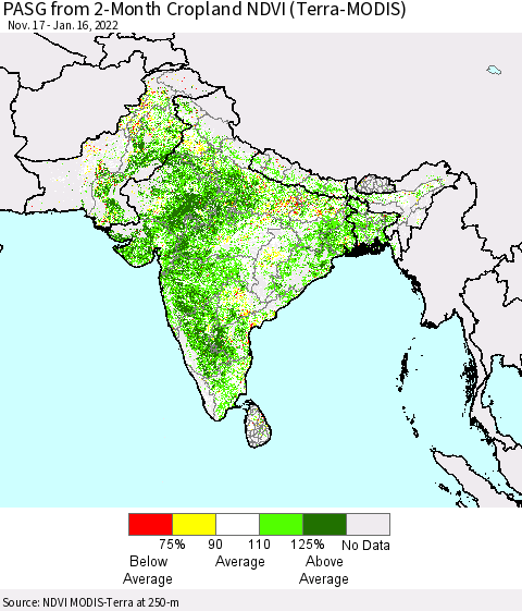 Southern Asia PASG from 2-Month Cropland NDVI (Terra-MODIS) Thematic Map For 1/9/2022 - 1/16/2022
