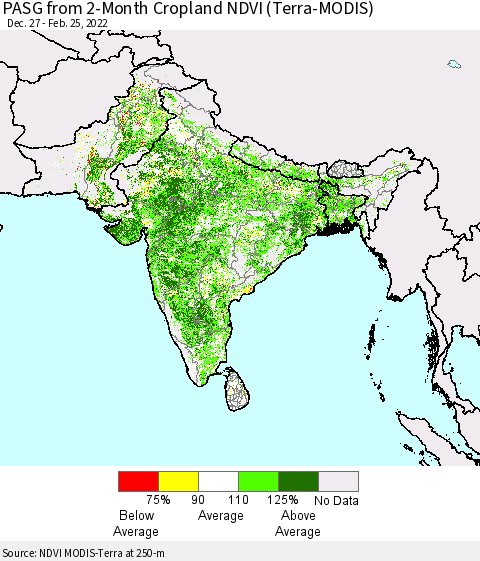 Southern Asia PASG from 2-Month Cropland NDVI (Terra-MODIS) Thematic Map For 2/18/2022 - 2/25/2022