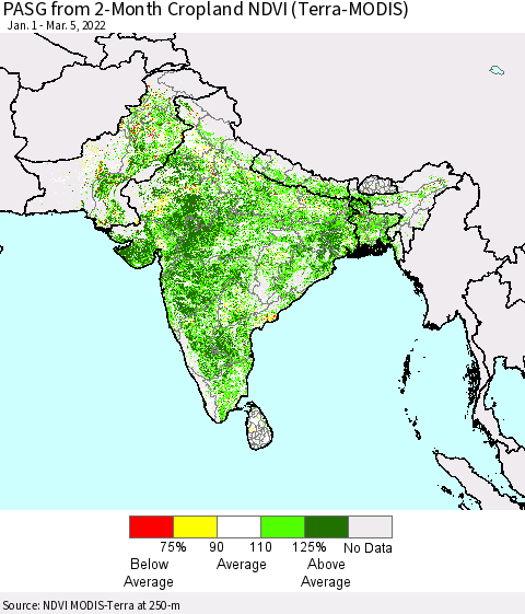 Southern Asia PASG from 2-Month Cropland NDVI (Terra-MODIS) Thematic Map For 2/26/2022 - 3/5/2022