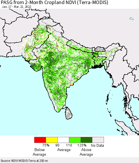 Southern Asia PASG from 2-Month Cropland NDVI (Terra-MODIS) Thematic Map For 3/14/2022 - 3/21/2022