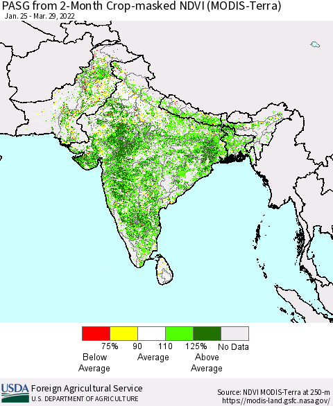 Southern Asia PASG from 2-Month Cropland NDVI (Terra-MODIS) Thematic Map For 3/21/2022 - 3/31/2022