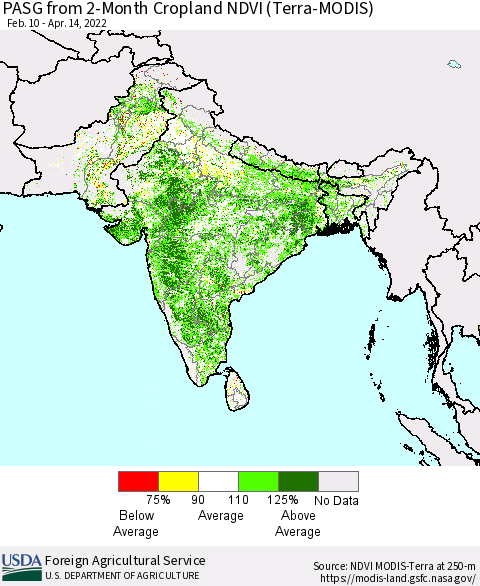 Southern Asia PASG from 2-Month Cropland NDVI (Terra-MODIS) Thematic Map For 4/11/2022 - 4/20/2022