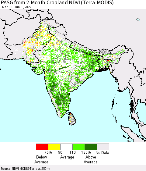 Southern Asia PASG from 2-Month Cropland NDVI (Terra-MODIS) Thematic Map For 5/25/2022 - 6/1/2022