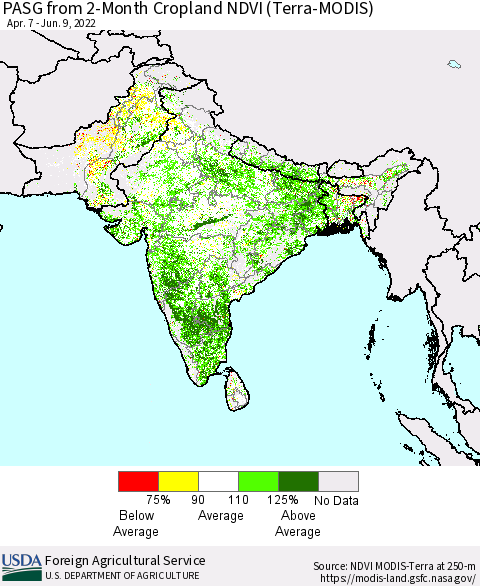 Southern Asia PASG from 2-Month Cropland NDVI (Terra-MODIS) Thematic Map For 6/1/2022 - 6/10/2022